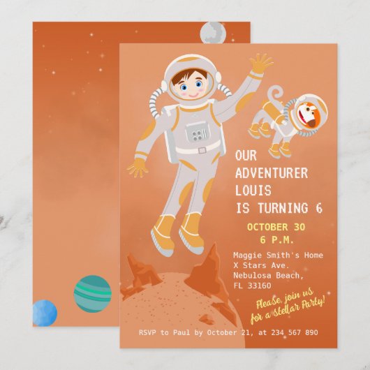 火星の宇宙飛行士の少年をテーマにした誕生日パーティー 招待状 (正面/裏面)