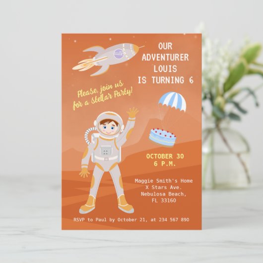 火星の宇宙飛行士の少年をテーマにした誕生日パーティー 招待状 (スタンド正面)