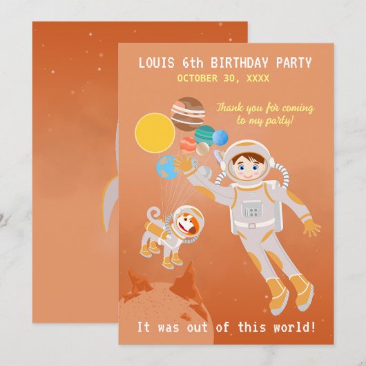 火星宇宙飛行士ボーイズテーマ誕生日パーティー サンキューカード (正面/裏面)
