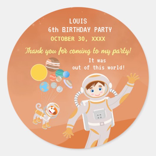 火星宇宙飛行士ボーイズテーマ誕生日パーティー ラウンドシール (正面)