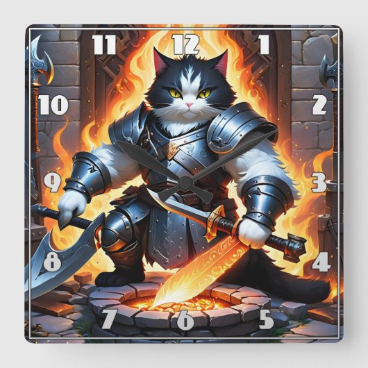火炎天下での戦闘に備えた装甲猫 スクエア壁時計 (正面)