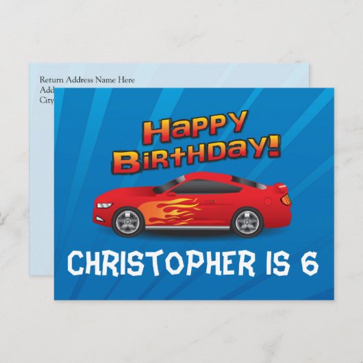 火炎少年の誕生日パーティーとホットレッドレースカー インビテーションポストカード (正面/裏面)