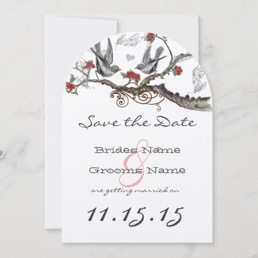 火炎赤グレーヴィンテージ鳥類の結婚式の日付を保存 招待状 (正面)