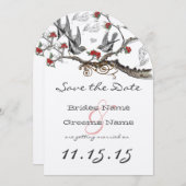 火炎赤グレーヴィンテージ鳥類の結婚式の日付を保存 招待状 (正面/裏面)