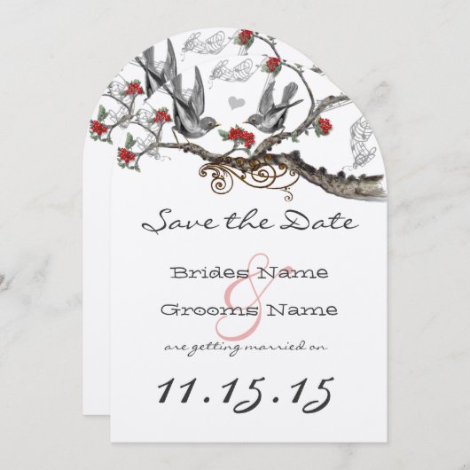 火炎赤グレーヴィンテージ鳥類の結婚式の日付を保存 招待状 (正面/裏面)