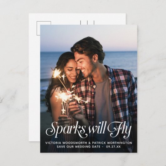 火花が飛ぶタイポグラフィ結婚式の日付を保存 案内ポストカード (正面/裏面)