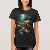 灯りとのまわりにの看板のある神社 Tシャツ (正面)