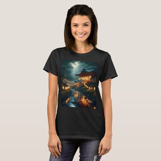 灯りとのまわりにの看板のある神社 Tシャツ (正面フル)