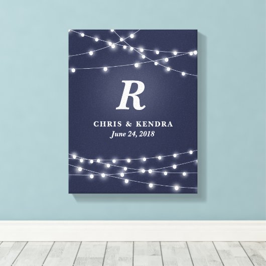 灯列モノグラム結パーソナライズされた婚日 キャンバスプリント (インサイチュ (ウッドフロア))