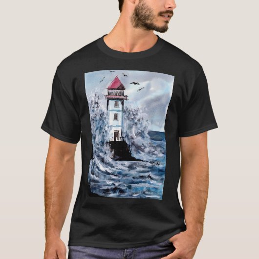 灯台と嵐の水彩画 Tシャツ (正面)