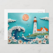灯台のペーパーカットスタイルを持つ海岸景観 ポストカード (正面/裏面)