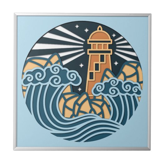 灯台の夜の海の風景 タイル (正面)