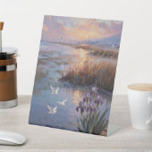 灯台の湿地のアイリス 油絵 | 夕焼けのEg 台座サイン (インサイチュ)