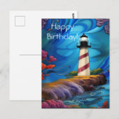 灯台の誕生日 , 美しい赤と白のストライプの灯台が岩の上に建ち、花と青い海/空に囲まれている

mi ポストカード (正面/裏面)