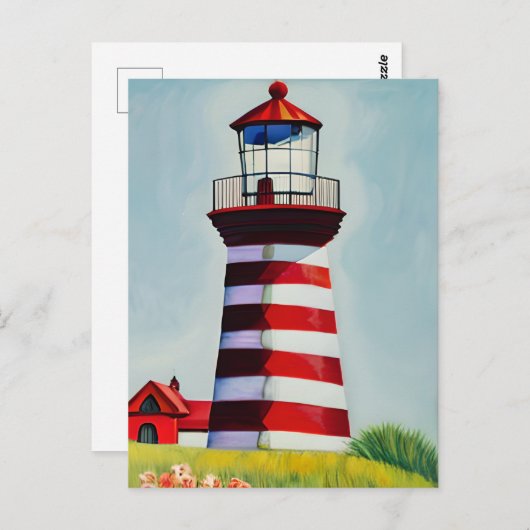 灯台の赤と白イラストレーションストライプの ポストカード (正面/裏面)