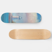 灯台の近くで飛んでいるカモメの絵画 スケートボード (横)