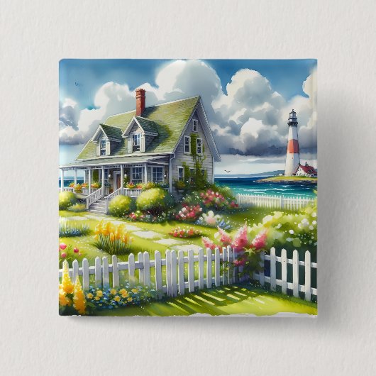 灯台を見下ろすコテージ 缶バッジ (正面)