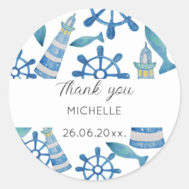 灯台ビーチの水彩画 手描き ラウンドシール