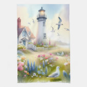 灯台沿いのコーストルカットのコットンによる春の花 キッチンタオル (縦)