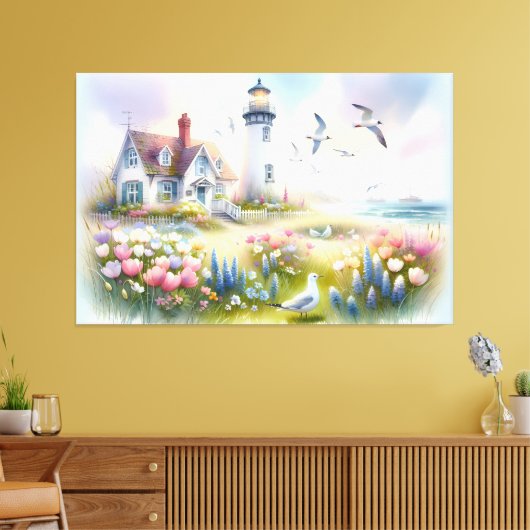 灯台沿いのコーストルカットのコットンによる春の花 キャンバスプリント (インサイチュ (リビング))