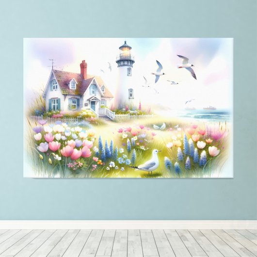 灯台沿いのコーストルカットのコットンによる春の花 キャンバスプリント (インサイチュ (ウッドフロア))