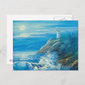 灯台絵画の上の満月の ポストカード (正面/裏面)