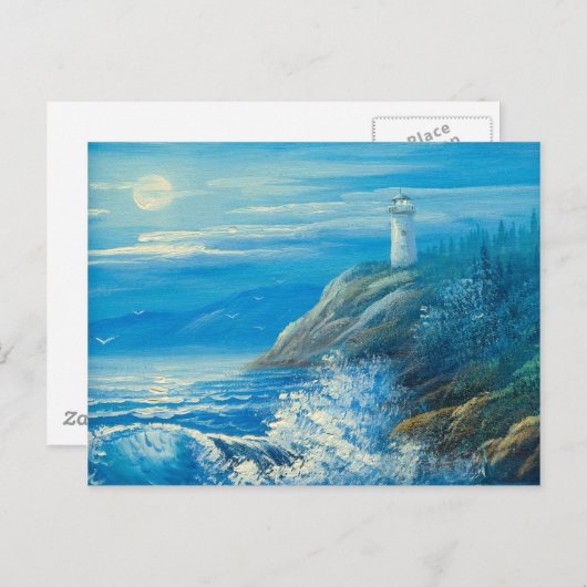 灯台絵画の上の満月の ポストカード (正面/裏面)