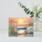 灯台絵画の近くの岸に乗ったボートの ポストカード (スタンド正面)