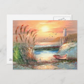 灯台絵画の近くの岸に乗ったボートの ポストカード (正面/裏面)