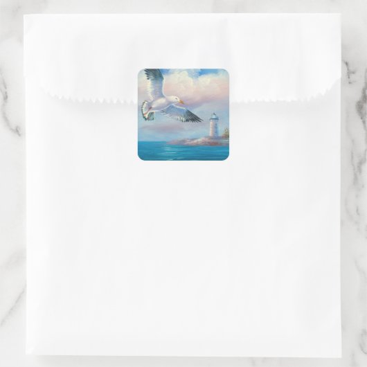 灯台絵画の近く飛んでいるのカモメ スクエアシール (バッグ)