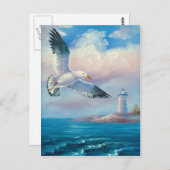 灯台絵画の近く飛んでいるのカモメ ポストカード (正面/裏面)
