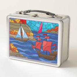 灯台赤と白と船舶 メタルランチボックス