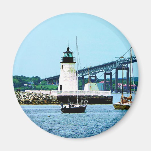 灯台,橋とボート, Newport, RI マグネット (正面)