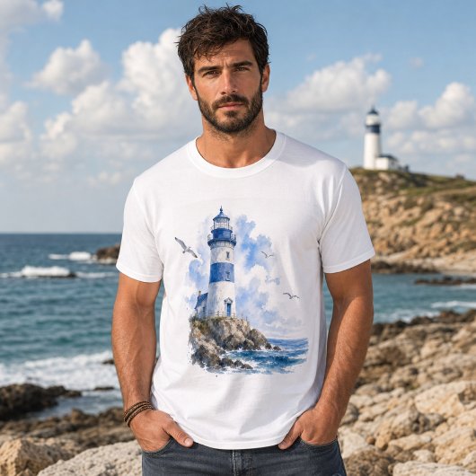 灯台 海辺のブルー ホワイト メンズ Tシャツ