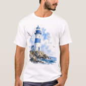 灯台 海辺のブルー ホワイト メンズ Tシャツ (正面)