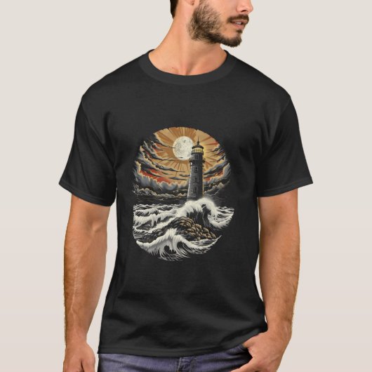 灯台 海辺の家 帆船 海 ビーチ ライト H Tシャツ (正面)