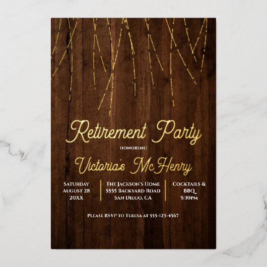 灯素朴列の木製の引退用パーティー 箔招待状 (正面)