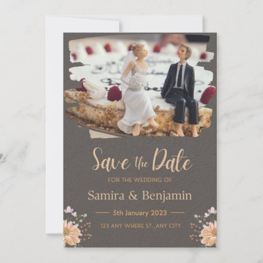 灰とオレンジの結婚式人形 招待状 (正面)