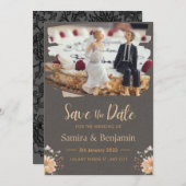 灰とオレンジの結婚式人形 招待状 (正面/裏面)