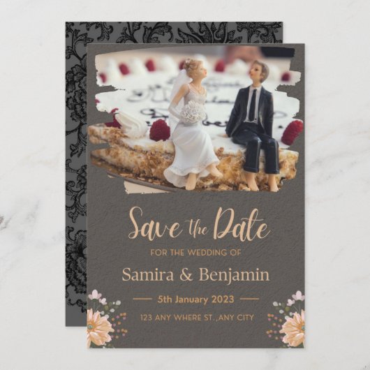 灰とオレンジの結婚式人形 招待状 (正面/裏面)