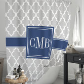 灰とネイビーブルーのモロッカン モノグラム シャワーカーテン