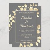 灰エレガント金色葉結婚式招待状 招待状 (正面/裏面)