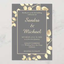 灰エレガント金色葉結婚式招待状