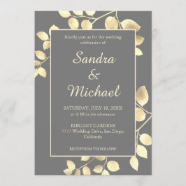 灰エレガント金色葉結婚式招待状 招待状