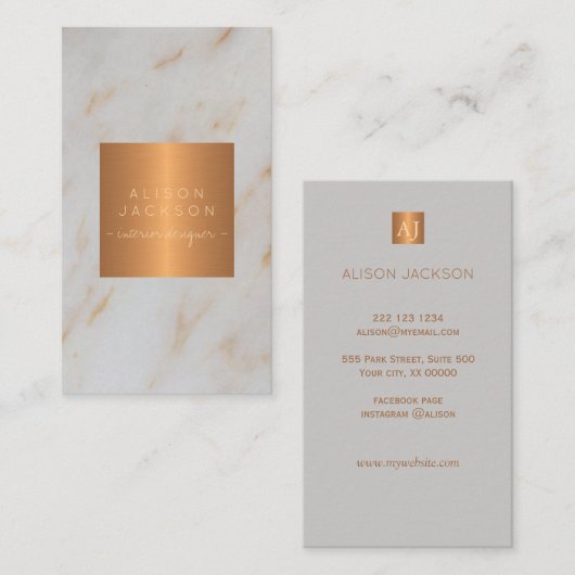 灰大理石グラム金属銅モノグラムデザイナー 名刺 (正面/裏面)