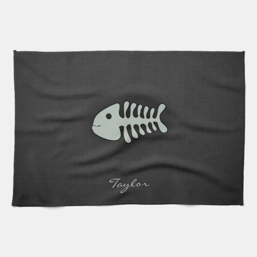 灰灰色の魚の骨 キッチンタオル (横)