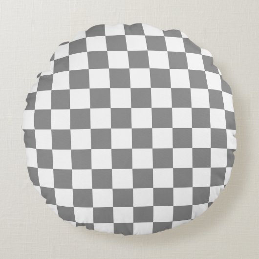 灰灰色ホワイトチェッ市松模様にクパターン ラウンドクッション (正面)