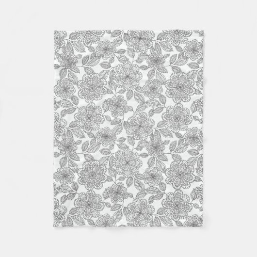 灰色およびクリーム色の花柄 フリースブランケット (正面)