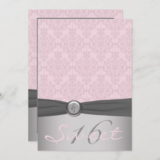 灰色およびピンクのダマスク織のバレリーナのSweet sixteen 招待状 (正面/裏面)