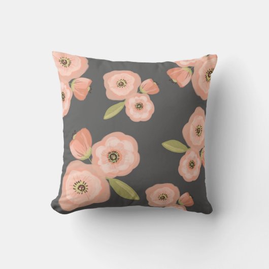 灰色およびピンクの水彩画の花柄の装飾用クッション クッション (正面)